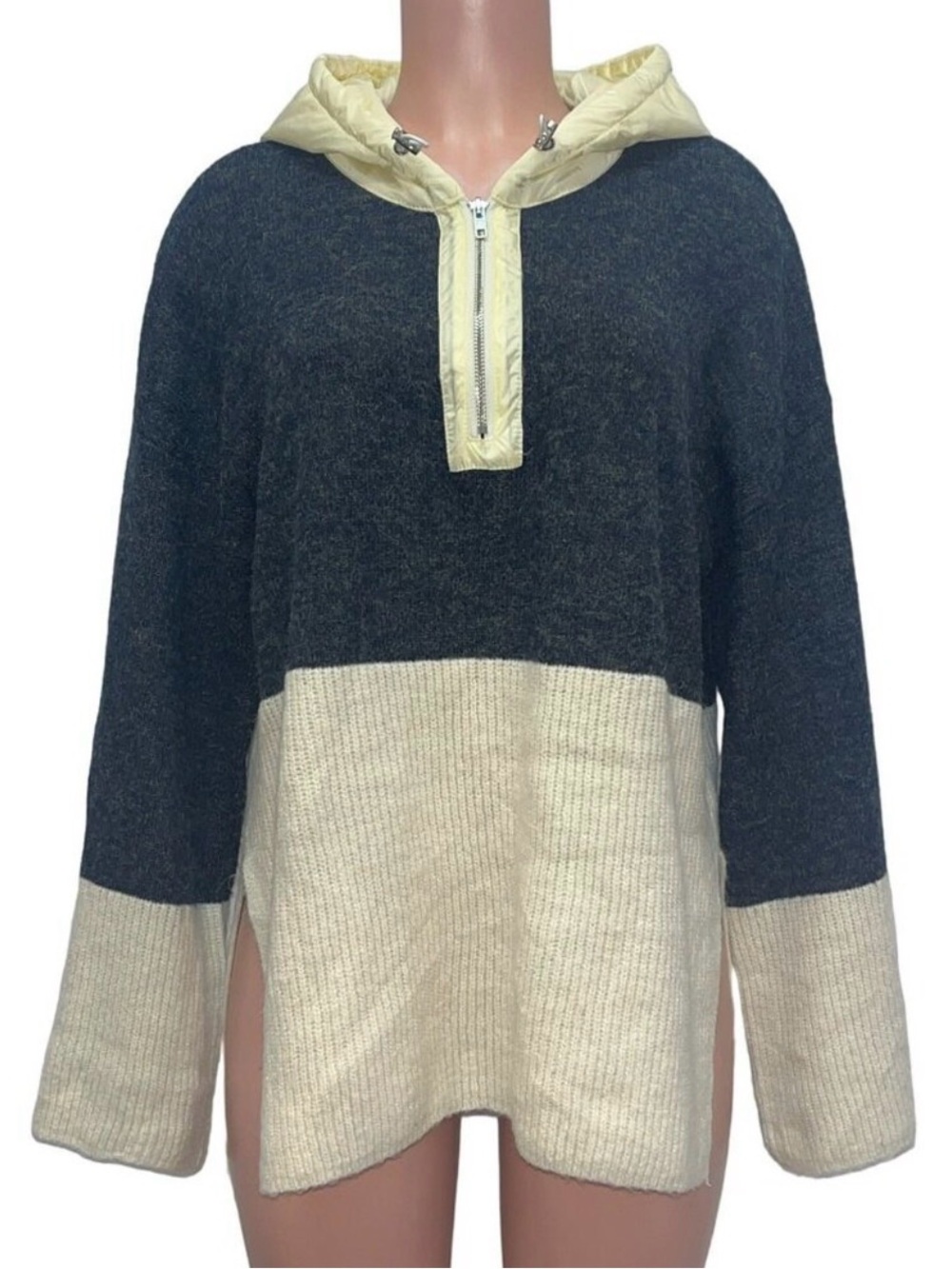 POL Clothing Color Block Hoodie Cream Grey Small